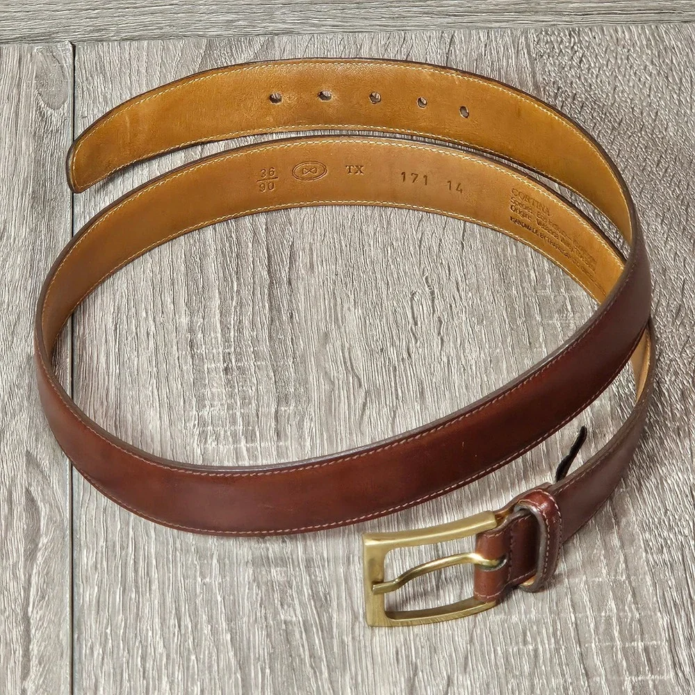 Trafalgar Mens Cortina Brown Leather Dress Belt 36 Made in USA Brass Buckle